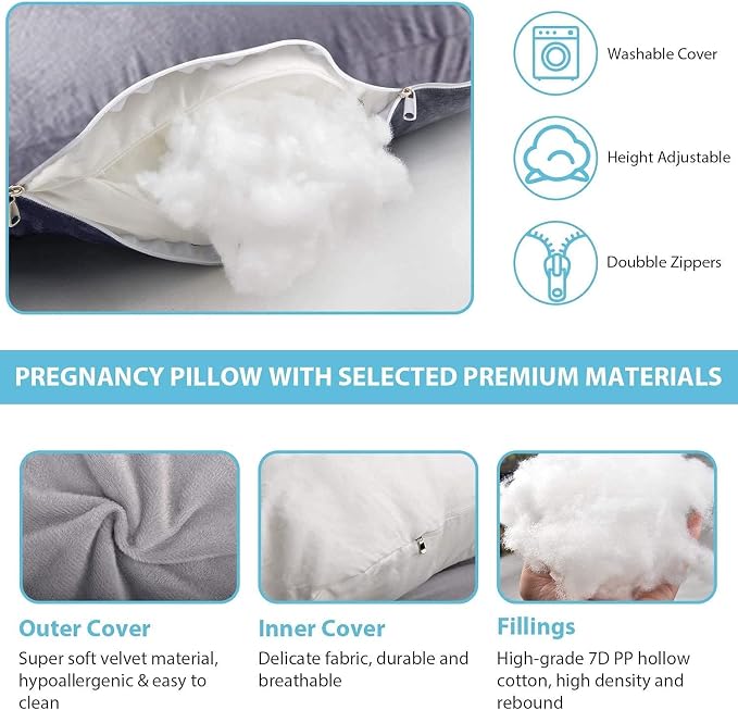 Jcickt Pregnancy Pillow for Sleeping,59 inch J/U-Shaped Maternity Pillow with Removable Washable Cover, Side-Sleeping Pregnant Body Pillow-Support for Backs,Legs, Belly, HIPS, Improve Sleep-Blue Grey