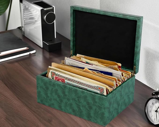 HofferRuffer Faux Leather Decorative Box, Large Wooden Structure Keepsake Box Accessory Organizer Jewelry Organizer with Hinged Lid, Storage Container for Home or Office (Dark Green)