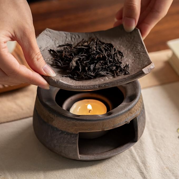 Cedar Aromatherapy Burner & Ceramic Oil Warmer for Home & Office (Heat-Resistant Tile Baking Tray + Stone-Patterned Oven + Old elm Wood mat + Accessories)