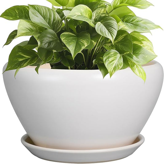 Ceramicfor Ceramic Planter - 9 Inch Plant Pot Indoor with Drainage Hole and Saucer for Outdoor Plants Mid-Century Round Planter Modern Flower Pot for House Garden White