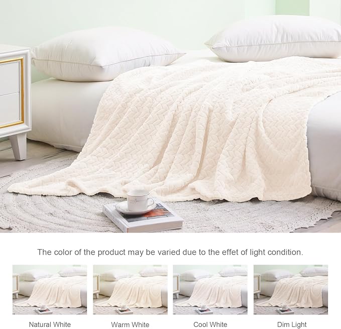 Exclusivo Mezcla Soft Fleece Bed Blanket Queen Size, 90”x90”, Off White | Cozy Fluffy Lightweight Blankets for Summer, Decorative Plush Flannel Throws for Living room, Bedroom with Leaves Pattern