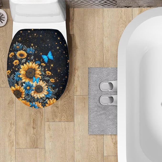 Butterfly Toilet Seat Cover with Elastic Band Sunflower Toilet Seat Dust Cover Soft Bathroom Replacement Butterflies Universal Fit Elongated Oval Round Lid Easy to Clean