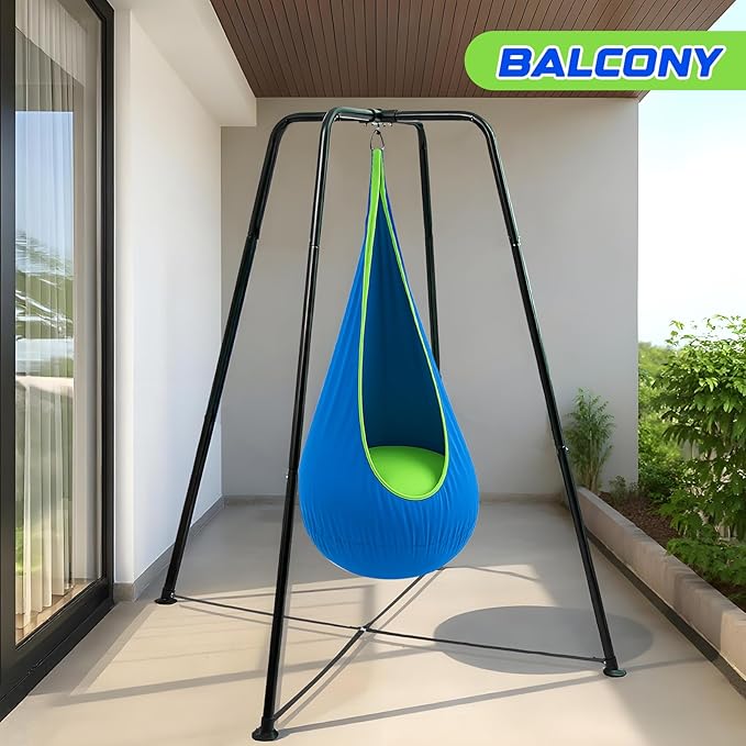 Sensory Swing Stand Frame with Pod Chair and Swings Set Kid Heavy Duty Metal Swing Stands Autism Hammock Chair Stand Tree Saucer Round for Kid Adult Indoor Outdoor Backyard Park(Blue)