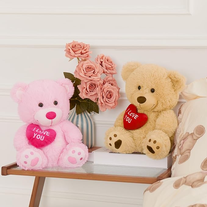 12" Teddy Bear with Heart, Cute Pink Teddy Bear Stuffed Animals for Valentines Soft Bear Plushie Toy Stuffed Bear Plush Gifts for Girlfriend Kid