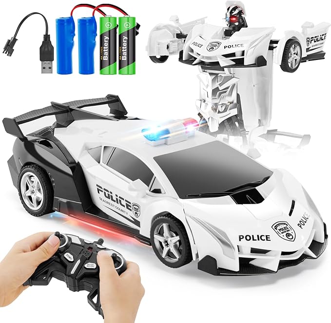2.4G Remote Control Transformer Car, Rechargeable RC Police Car Toy with Flashing Lights, Convertible Robot & Vehicle, Gift for Kids,Police Transformer Cars for Boys 4-6 7 8-12 (Black/White)
