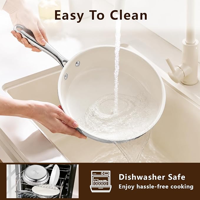 SAKAMOSH 8" Nonstick Ceramic Frying Pan, Tri-Ply Stainless Steel, White | Non Toxic, PFAS PFOA PTFE Free, Stay-Cool Handle, Dishwasher & Oven Safe, Induction Compatible