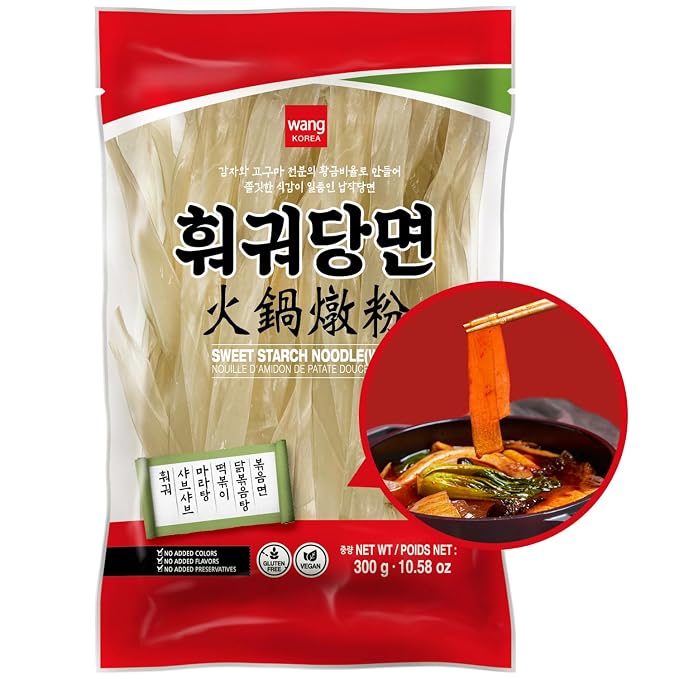 Wang Wide Glass Noodles, Korean Sweet Potato Glass Noodles | Japchae & Hot Pot, Sweet Potato Starch, Gluten Free, Vegan, Pack of 1 (10.58 oz)