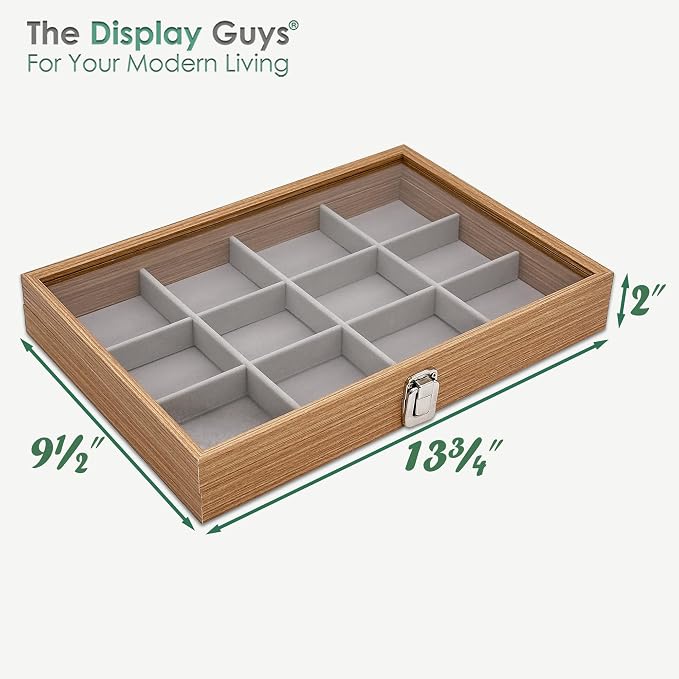 Wooden Travel Jewelry Box w. Tempered Glass Display Lid - Earrings Storage - 12-Compartments Velvet Organizer (Natural Oak) by The Display Guys