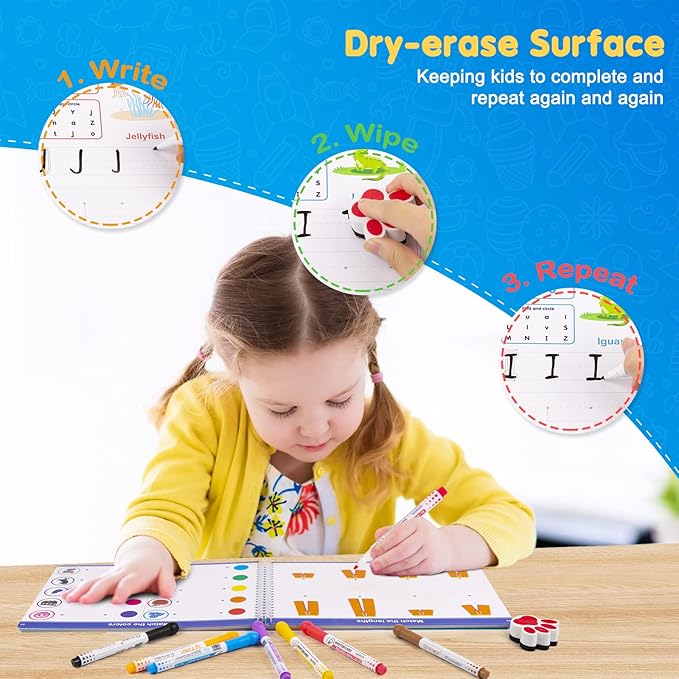 4 Year Old Boy Birthday Gift - Kindergarten Books for Kid - Toy for 4 5 6 7 Year Old Boys Girl - Handwriting Practice Workbook, Educational ABC Tracing Book with Reusable Activity, Montessori Learning