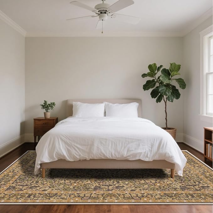 5x7 Washable Area Rugs for Living Room, Stain Resistant Vintage Rugs for Dining Room Under Kitchen Table, Bedroom, Floral Low Pile Non-Slip Large Carpet (5 x 7 Goldenrod)
