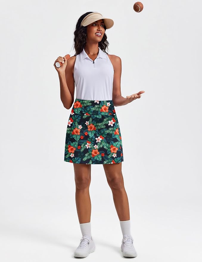 PINSPARK 19" Knee Length Skorts for Woman with Pockets UPF 50+ Golf Skirts | 4 Pockets, Built-in Shorts, High Waisted & Tummy Control, Moisture-wicking for Golf Athletic Tennis Workout Casual