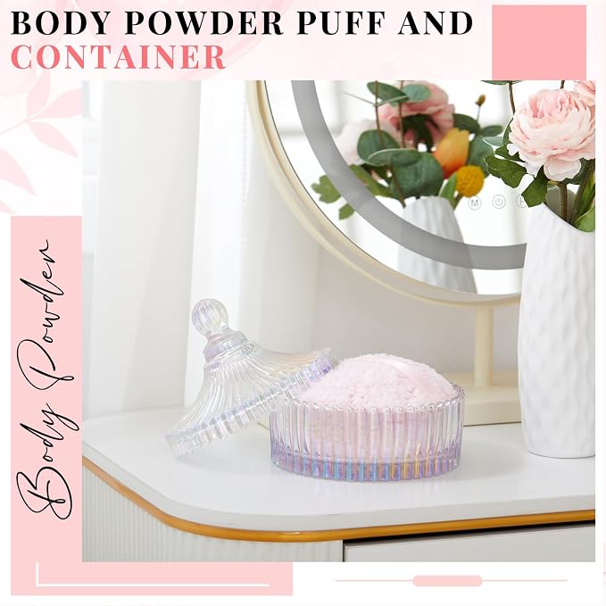 Tioncy 2 Pcs Extra Large Dusting Powder Puff and Container for Women-6'' Glass Crystal Dusting Powder Container Soft Washable Reusable Velour Face(Dazzling,Classic)