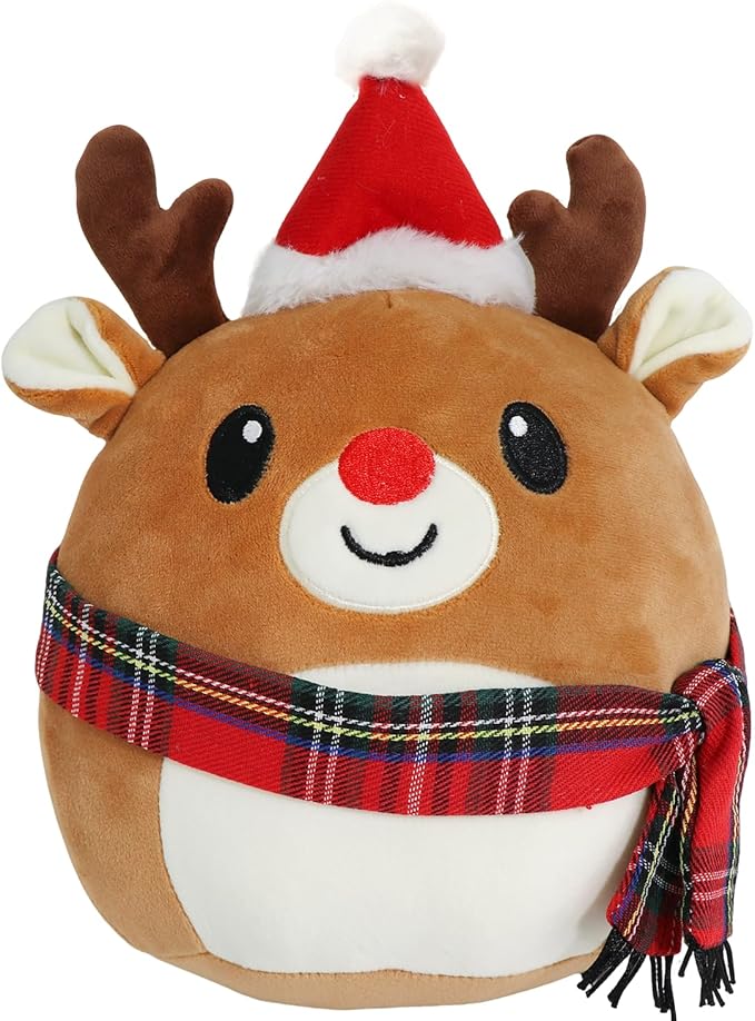 Stuffed Animal with Christmas Hat, The Red Nosed Reindeer Plush, Cute Plushies for Kids Christmas Decorations and Gifts (Reindeer)