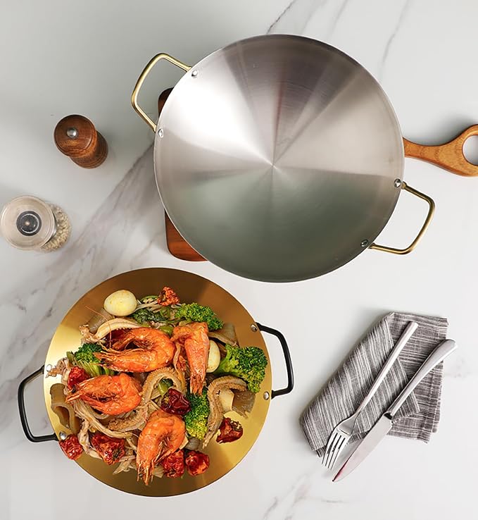 Korean Ramen Noodle Pot with Handles, Golden Pot Frying Pan Ramyun Pot Ramen Noodles Pan Soup Pan Seafood Making Seafood Pot Cooking Utensil Stainless Pot Golden Ramen Pot,Silver,9.4in