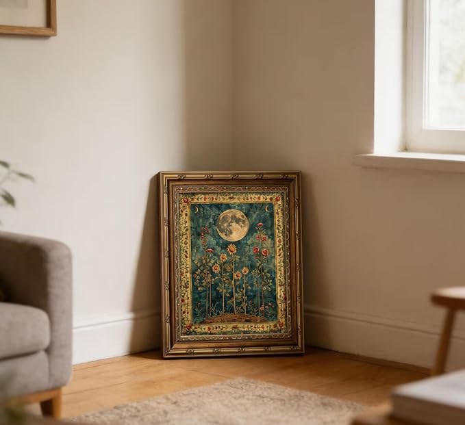 Vintage Gold Framed Celestial Moon Wall Art,Tarot Crescent Moon Painting Canvas Print,Gothic Moody Wildflowers Wall Decor,Dark Academia Vibe Poster Artwork,for Living Room Bedroom Bathroom