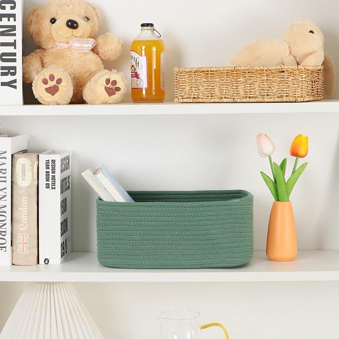 MiniArk Small Storage Baskets for Organizing | Closet Organizer Bins | Shelf Toy Basket | Woven Rope Baskets | Cube Decorative Box | Shallow Basket | 11.5x7.5x4.7” | 4 Packs Green