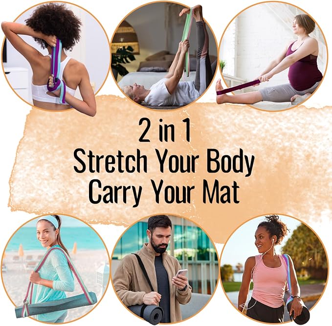 TECEUM Yoga Strap & Mat Strap – 2 IN 1 – Cotton – 6 ft 8 ft 10 ft (30+ colors) – Adjustable Non-Slip Belt for Yoga, Pilates, Stretching, Physical Therapy, Fitness & Home Workout – For Carrying Mats