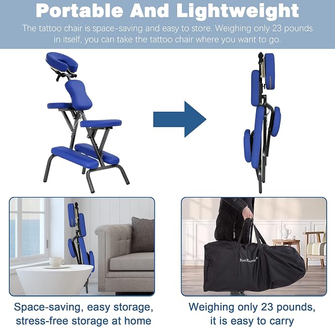 Portable Massage Chair for Tattoo and Spa Foldable Massage Therapy Chair with Adjustable Face Cradle High-Density Cushion Lightweight Design with Carrying Bag Ideal for Salon Use (Blue)