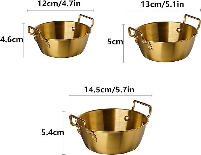 3Pcs Stainless Steel Sauce Dishes with Handles, Korean Golden Dipping Bowls | Small Metal Dipping Bowl, Korean Ramen Bowl, Mini Soup Bowl Stackable Appetizer Plates for Sushi BBQ Appetizer Seasoning