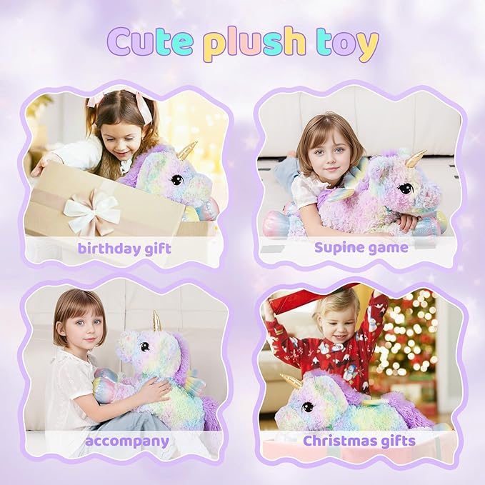 FFxiong 24 Inch Rose Rainbow Colors Unicorn Stuffed Animal Plush Toy with Wings Soft Cute Large Unicorn Plushies Animals Pillow Gift for Children Boy Girl Kids Valentine Birthday Decorations