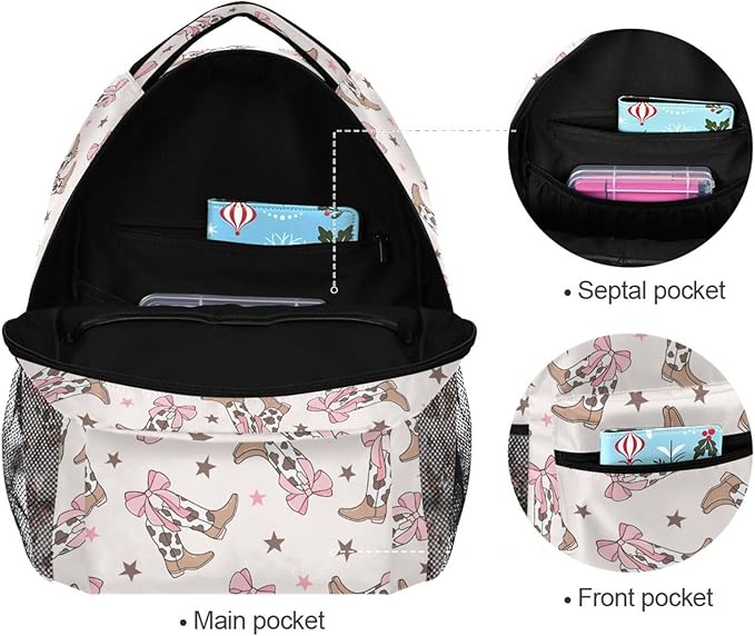 Bows Cowgirl Boots Boys Girls Kids School Backpacks Bookbag, Elementary School Bag Travel Backpack Daypack