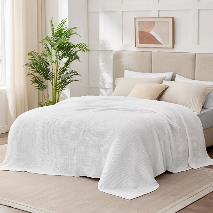 100% Cotton Muslin Blanket Large 50" x 70", 6 Layers Breathable and Lightweight Cotton Blankets for Bed and Couch, Quilt Bedspread, Gauze Throw for Adults, White