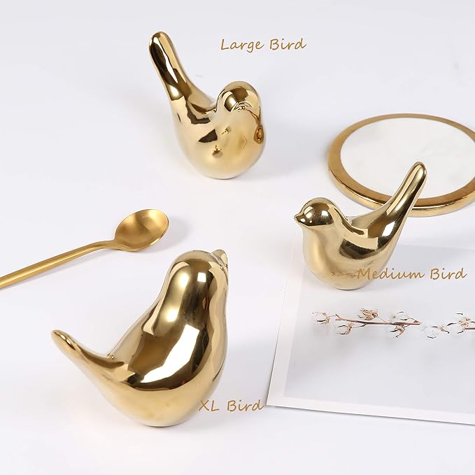 FANTESTICRYAN Small Birds Statues Home Decor, Modern Style, Gold, M&L | Ceramic Animal Figurines, Set of 2 Decorative Ornaments, For Living Room, Bedroom, Office Desktop, Cabinets, Coffee Bar