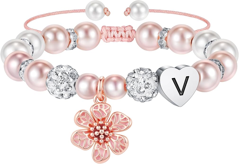 MONOOC Valentines Gifts for Kids Girls - Initial Flower Charm Bracelets for Girls, Adjustable Pearl and Rhinestone Beaded Bracelet Heart Initial Bracelets Jewelry for Flower Girl Gift Birthday Gifts