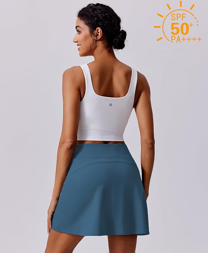 PINSPARK 17" Golf Skorts for Woman High Waisted Tennis Skirt with 4 Pockets | Lightweight, Quick Dry, 4-Way Strecth, Breathable, Tummy Control, UPF 50+ Athletic Skort for Workout, Pickleball, Gym, Casual