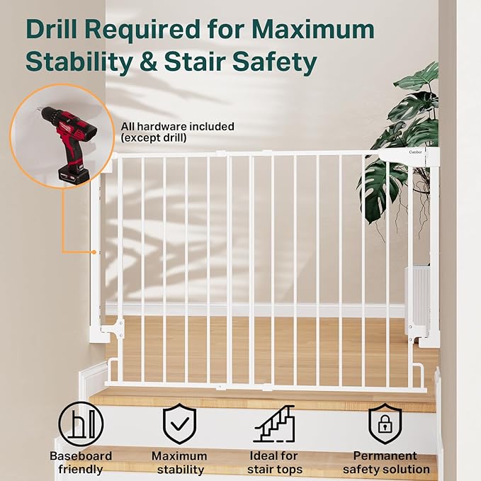 Cumbor 29.2–43" Baby Gate for Stairs, Hardware Mounted (Drill Required), Expandable No Bottom Bar Dog Gate, Auto Close Extra Wide Walk Thru, Pet & Toddler Proof Gate, Top & Bottom of Stairways (White)