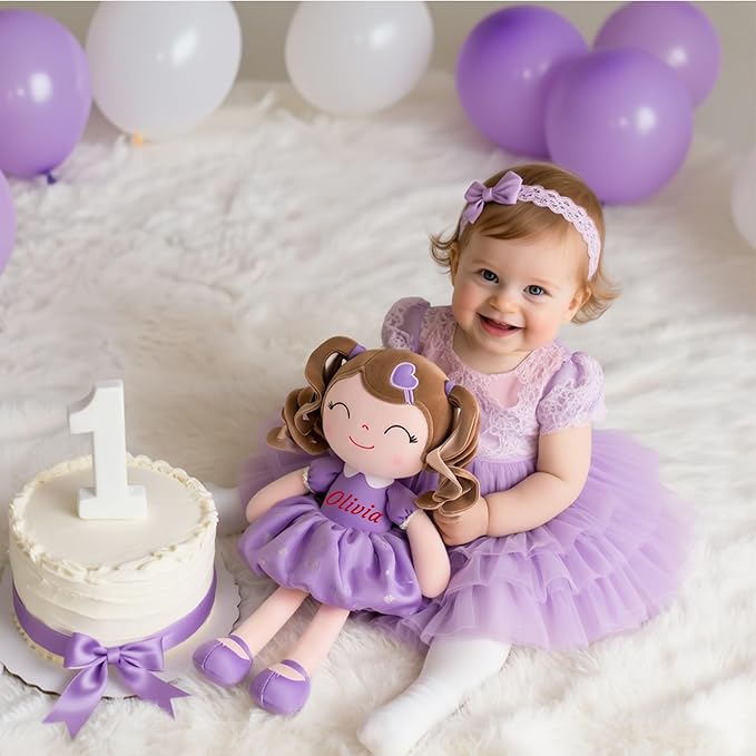 Gloveleya Personalized Baby Doll – Custom Name Plush Doll with Curly Hair & Purple Heart Dress | Unique Birthday for Girls, Toddlers & Kids | Soft Huggable Keepsake Toy