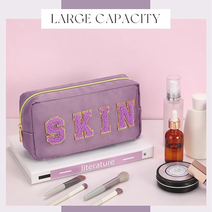 Preppy Makeup Bags Chenille Letter Stuff Bag Nylon Cosmetic Pouch Cases with Zipper for Women Travel Toiletry(Purple Set,Classic,4 Pcs)