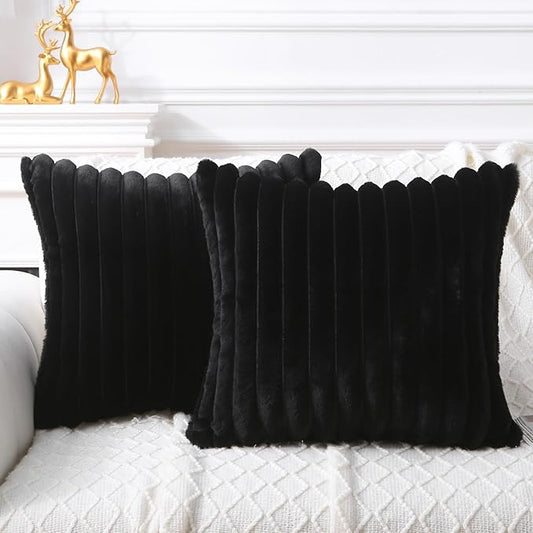 Decorative Throw Pillow with Inserts, Set of 2 Soft Faux Fur Throw Pillows, Square Boho Striped Pillow for Couch, Bed, Sofa Decor(Black, 16" x 16")