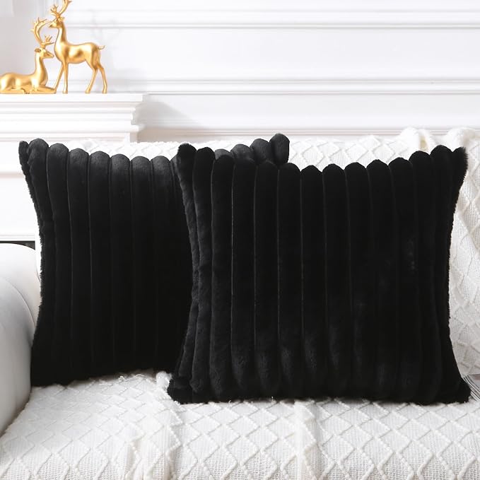 Decorative Throw Pillow with Inserts, Set of 2 Soft Faux Fur Throw Pillows, Square Boho Striped Pillow for Couch, Bed, Sofa Decor (Black, 20" x 20"(Pack of 2))