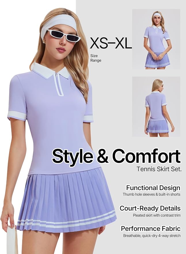 Women's 2-Piece Tennis Skirt Set, Polo V-Neck Top & High-Waisted Pleated Skirt, Athletic Outfit for Golf Pickleball