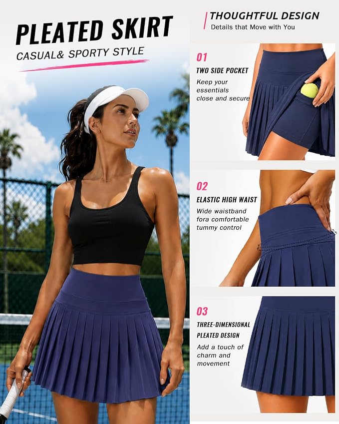 Pleated Tennis Skirt for Women with Pockets Shorts High Waisted Athletic Golf Skort for Workout Pickleball