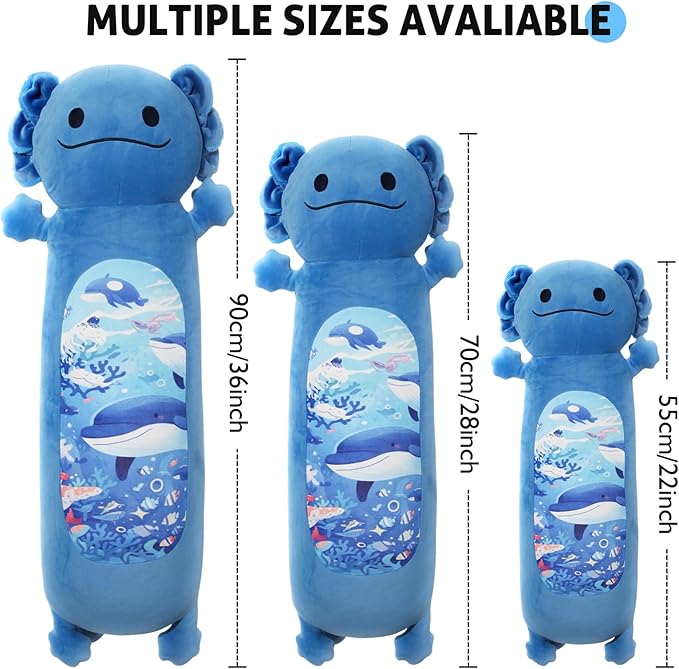 36 inch Long Axolotl Plush Body Pillow, Giant Cute Blue Ocean Axolotl Stuffed Animals, Big Salamander Squishy Soft Plushies Toy, Gifts for Kids Girls and Boys, Birthdays ﻿Easter