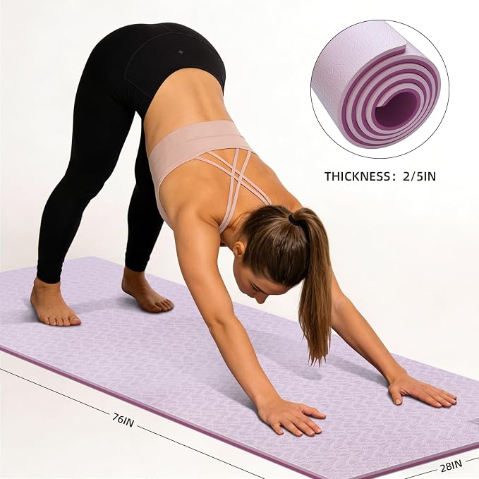 10mm0.4"TPE Yoga Mat Thick Wide Large for Home Workout Carrying Strap | Non Slip Exercise Mats Cushioned Joint-Friendly Stable,76"x28"Extra long Tapis Entrainement Au Sol Fitness,Pilates Gym Travel