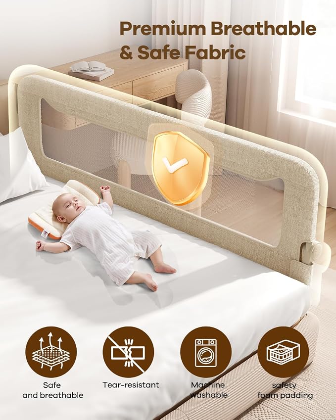Foldable Bed Rail for Toddlers, 71in Reinforced Carbon Steel Frame&Connectors, Breathable Cationic Fabric, Safety Toddler Bed Rails for Queen, King, Twin, Full, No-Tool Setup.