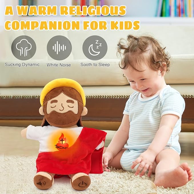 Soothing Jesus Plush Toys with Light & Sound, Jesus Stuffed Breathing Plushy Doll, Christian Catholic Religious Plushie Christmas Easter Gifts for Kids Baby (Brown)