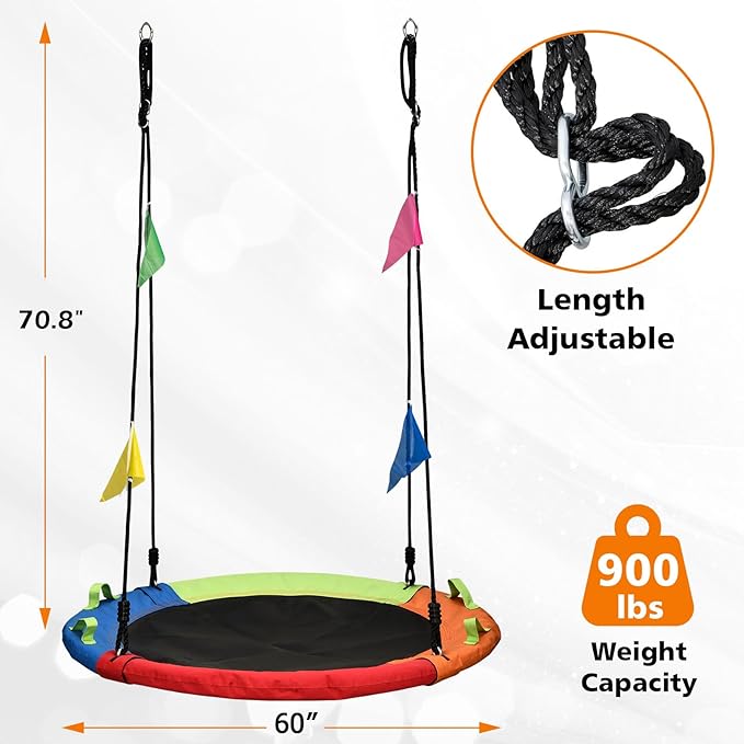 Tree Swing, Saucer Swing, 60 inch Large for Family, with Adjustable Hanging Straps, for Backyard Outdoor, Multicolor, Circle Round Disc, Gifts for Kids