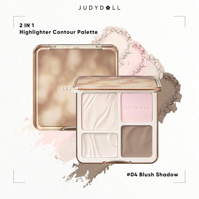 JUDYDOLL Highlight & Contour Palette, All-in-One Matte Highlighter Contour Compact, Natual Finish, Ultra-fine Powder, Blendable Face Makeup for All Skin Tones (New Version 04 Blush Shadow Palette)