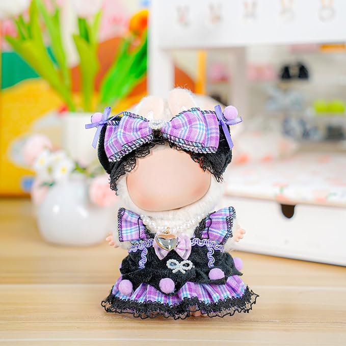 3 Piece 17cm Doll Clothes and Accessories Outfit - Bow Clips, Necklace & Dress, Fashionable Doll Dress Up Set