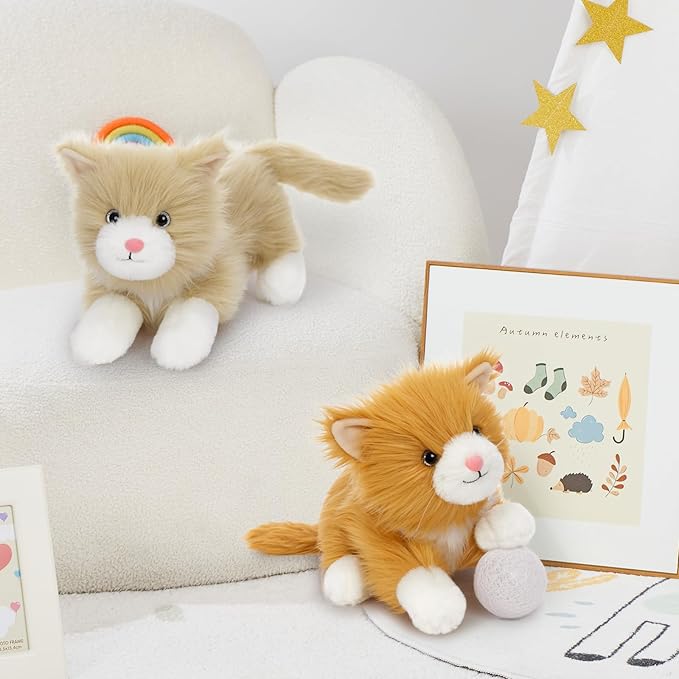 Tezituor 2 Pcs Realistic Cat Stuffed Animal Set, 17 Inch Large Stuffed Teddy Cat Plush Toy with Long-Hair, Cute Plush Kitten Birthday Gift for Girl Boy (Orange & Golden)