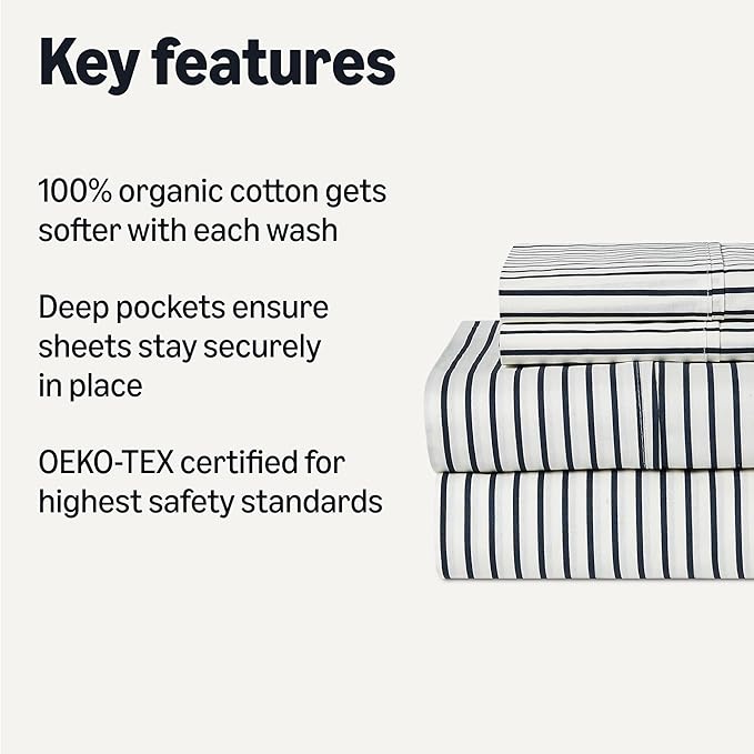 Amazon Basics 100% Organic Cotton Kids' Sheet Set with Pillowcase, Full Size, Navy Stripe