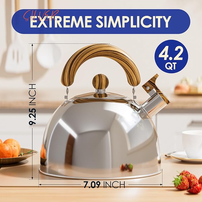 4.2 Quart Tea Kettle Stovetop Whistling for Stove Top, Handle Silver | Food Grade Stainless Steel Tea Kettles with Cool Wood Pattern Handle, Induction Compatible
