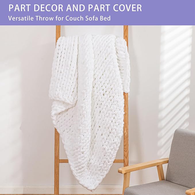 Bigacogo Chunky Knit Throw Blanket for Couch, 80x90 inches, Pure White | Hand Knit with Jumbo Chenille, Soft Breathable Cable Knit for Sofa Bed Living Room, Machine Washable, Gift for Mom Friend