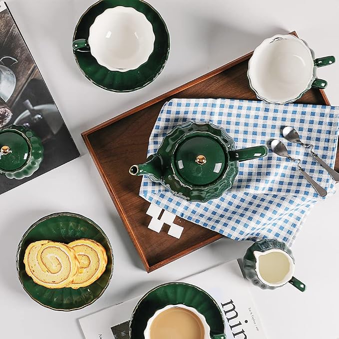Sweejar Porcelain Tea Sets British Royal Series, 8 OZ Cups& Saucer Service for 6, with Teapot Sugar Bowl Cream Pitcher Teaspoons and Tea Strainer, Suitable for High Tea, Wedding, Party (Jade)