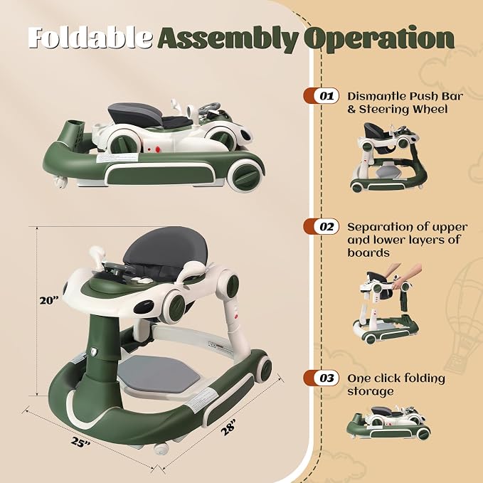 Baby Walker, 4-in-1 Baby Walker with Wheels Portable, Foldable Infant Toddler Walker for Boys Girls 6-18 Month,Removable Footrest,Car Steering Wheel & Music, Adjustable Push Walker Pink Green