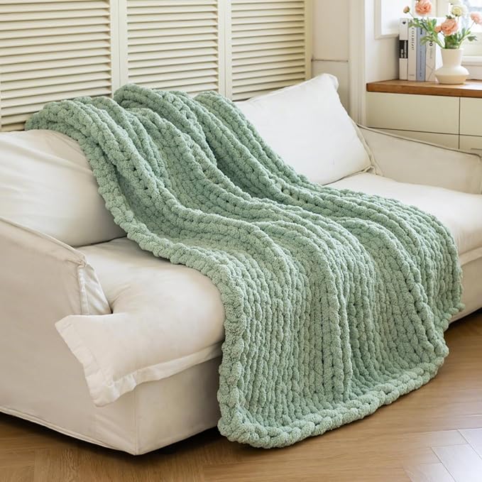 Chunky Knit Blanket - Luxury Soft Cozy 40 * 50 Throw Blanket,100% Woven Blanket Rope Knot Throw Blanket for Couch, Sofa, Home Decor, Gift - Machine Washable (Sage Green, 40 * 50)